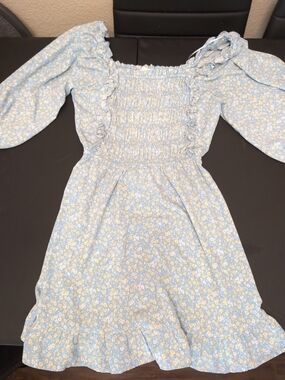 Sienna Sky Light Blue Floral Smocked Puff Sleeve Dress